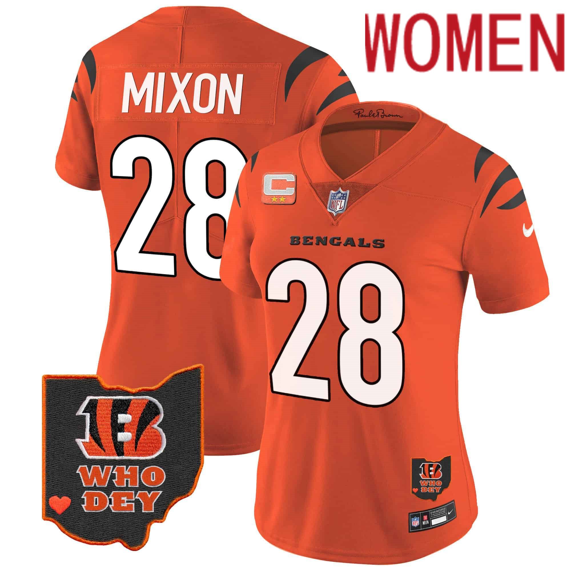 Women Cincinnati Bengals #28 Mixon Orange 2024 Nike Patch Vapor Limited NFL Jersey